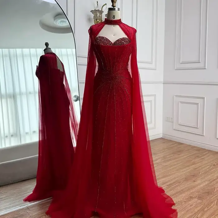 Robe de soirée sirène nue de luxe perlée avec manches cape pour femmes occasions spéciales élégantes et formelles