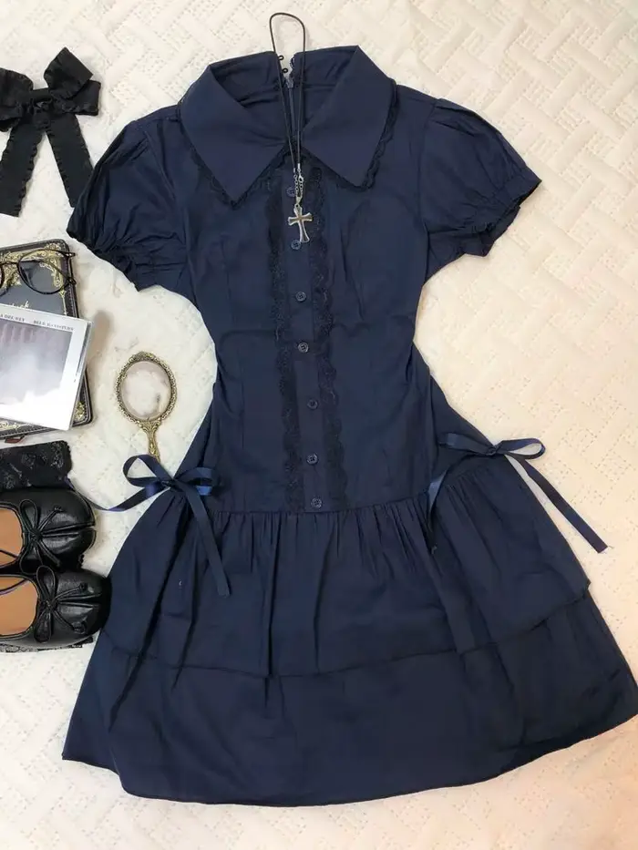Robe bleue Style Preppy Vintage, Accents en dentelle avec nœud papillon, Design rétro, coupe ajustée