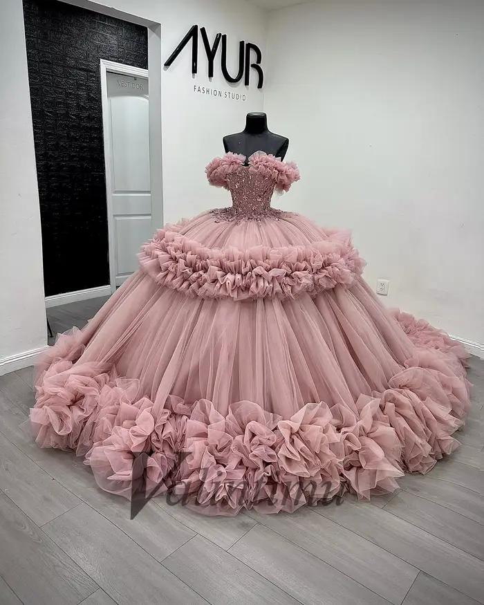 Valintimu Robe de Quinceanera froncée à couper le souffle pour fille Tulle strass Court Train