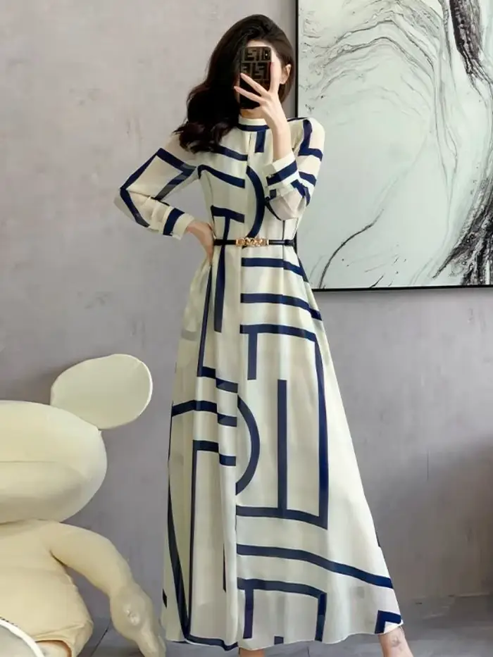 Robe géométrique en mousseline de soie pour femmes, décontractée, silhouette trapèze, imprimé moderne, tour de taille empire, printemps été