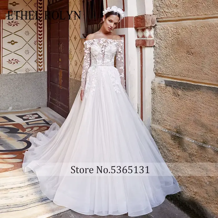 ETHEL ROLYN a-ligne De mariée avec robe col bateau charmante perles Appliques paillettes