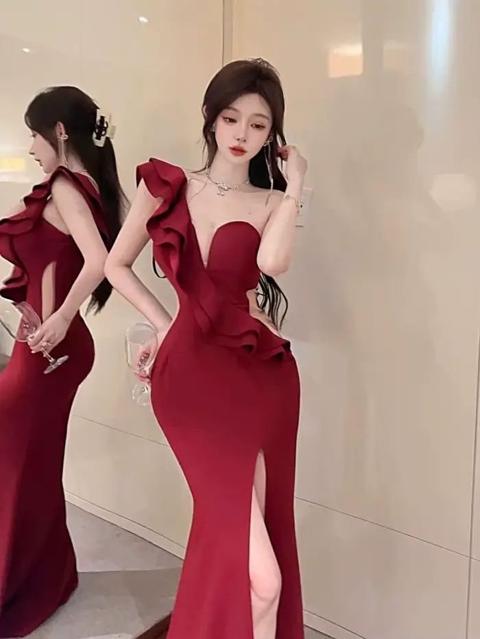 Robe de soirée déesse asymétrique épaule dénudée, pour Banquet, légère, luxe, Niche, tempérament, célébrité célèbre, jupe longue fendue en queue de poisson