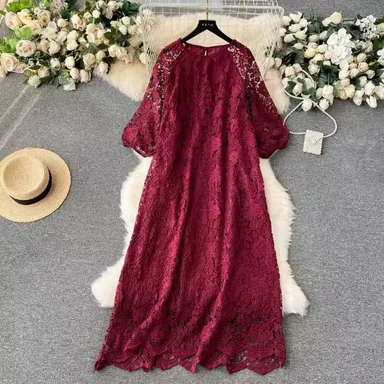 Robe longue en dentelle pour femmes, motif Floral, ligne A, ajourée, col rond, blanc, Maxi, épissure