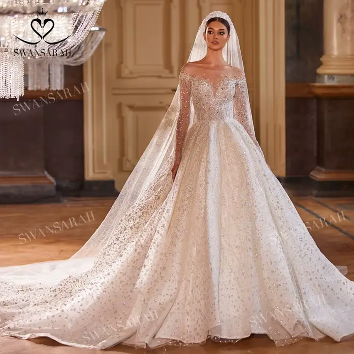 Robe de mariée à manches longues en cristal 2026, robe de bal brillante avec traîne courte, style pr