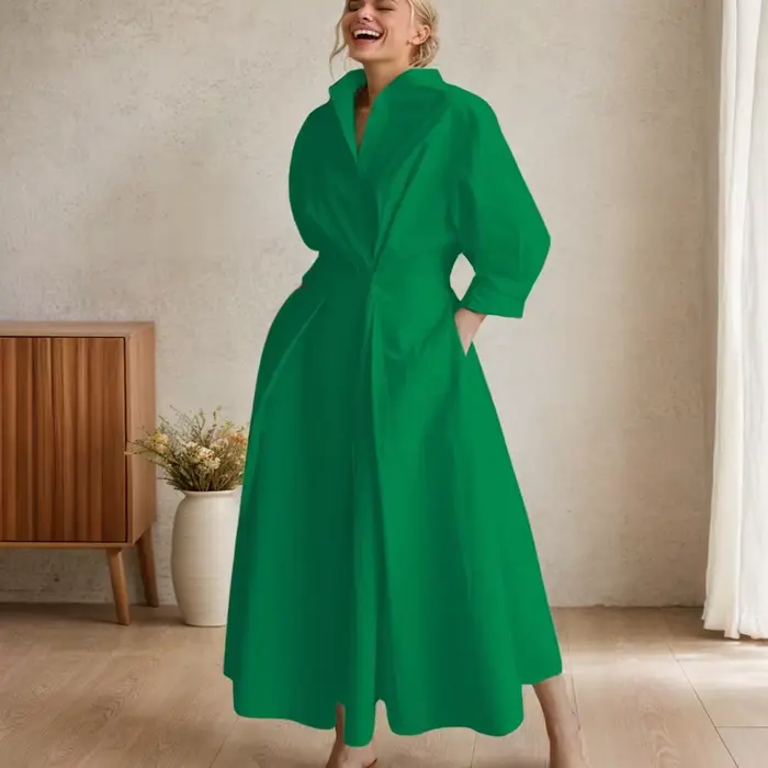 Robe longue taille haute à manches longues pour femmes, polyester, motif imprimé, coupe lâche, col rabattu, adapté aux événements formels, soirées et journées de travail