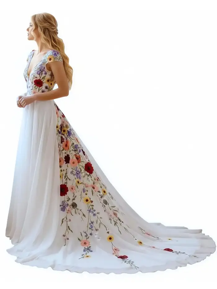 Robe de mariée bohème chic personnalisée en polyester avec broderies florales colorées, train de balayage/brosse, col en V et soutien-gorge intégré pour femmes grandes occasions spéciales