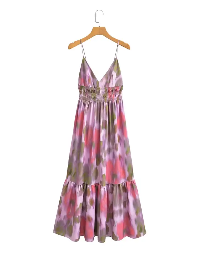 Robe de plage élégante pour femmes col en V dos nu ligne A bohème printemps été polyesters sexy vacances 2025