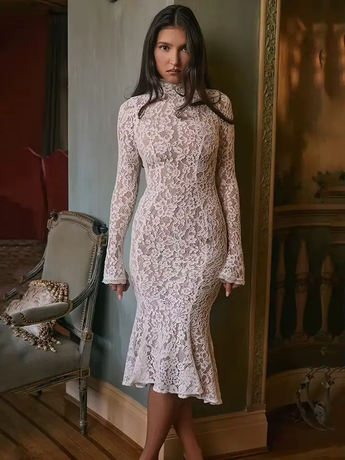 Robe longue en dentelle polyester pour femmes, style Y2K, col rond, taille haute, manches spaghetti, longueur cheville, pour soirées et clubs