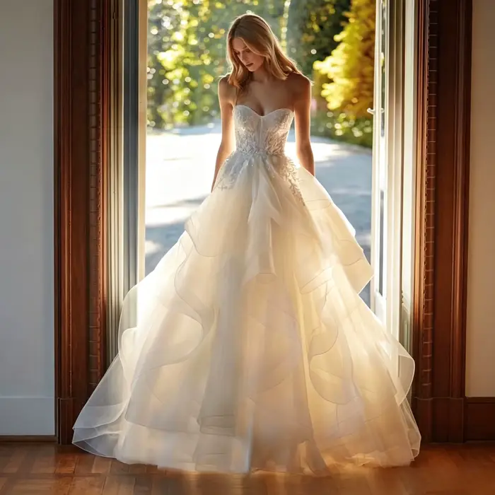 Robe de mariée romantique personnalisée pour l'extérieur, avec corsage bustier en forme de cœur reco