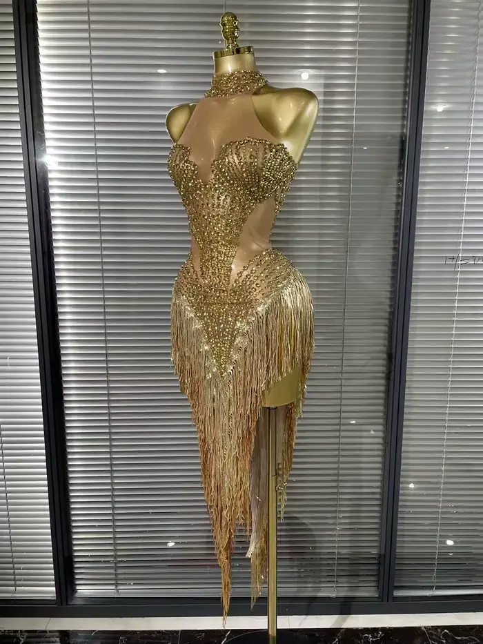 Robe sexy sans manches pour femmes, épaules dénudées, paillettes brillantes, perles, mi-mollet, polyester et élasthanne, pour occasions spéciales et photos d'anniversaire