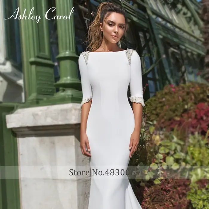 Ashley Carol-Robe de Mariée Sirène en Satin à Manches sulfet Dos aux