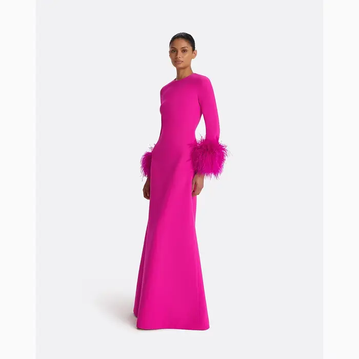 Robe de soirée élégante Furtanseo avec train de balayage pour femmes, polyester, col rond, plumes, longueur au sol, pour événements spéciaux