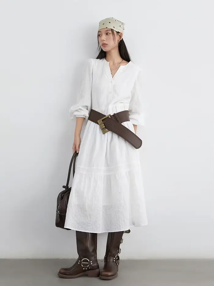CHIC VEN – ensemble de robes coréennes pour femmes, couleur unie, ample, col en v, manches longues, 