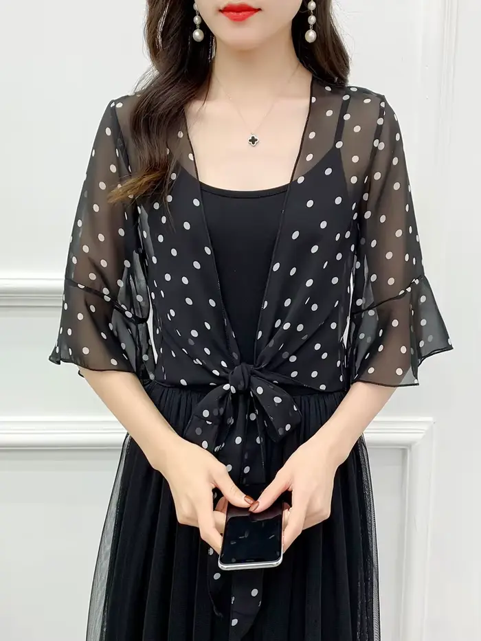 Robe de soirée en mousseline de soie noire et blanche pour femmes, col en v, élégante, Simple, douce, décontractée, à pois