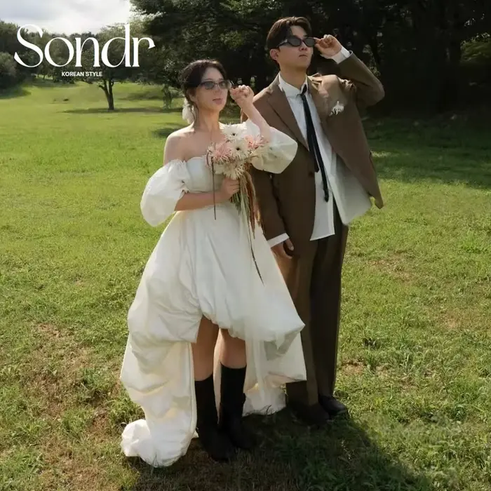 Sondr – robe de soirée de mariage élégante, épaules dénudées, manches bouffantes, ivoire, séance Pho
