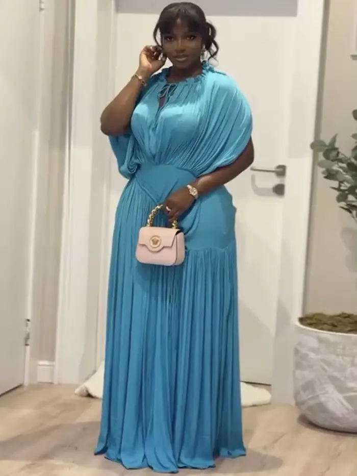 Robe longue d'été pour femme, taille haute, drapée, chic, bleu ciel, robe droite, une pièce, décontractée, élégante, maxi, pour le soir