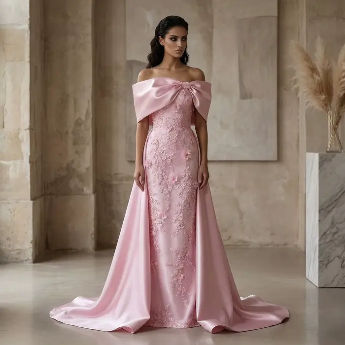 Robe de soirée élégante Sharon Said à épaules dénudées, en satin, avec nœud et jupon, fleurs 3D, pou