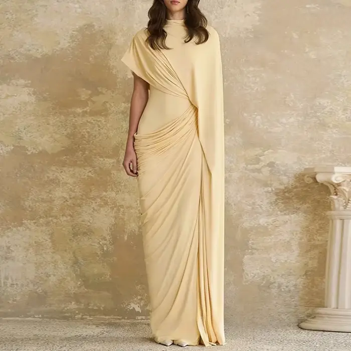 Robe de soirée moderne, personnalisée, col rond, avec Cape plissée, gaine froncée, robe de bal arabe