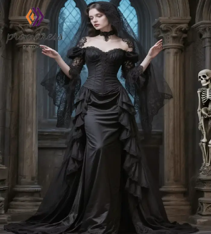 Robe de mariée gothique noire médiévale, style vampire sirène, épaules dénudées, vintage celtique, é