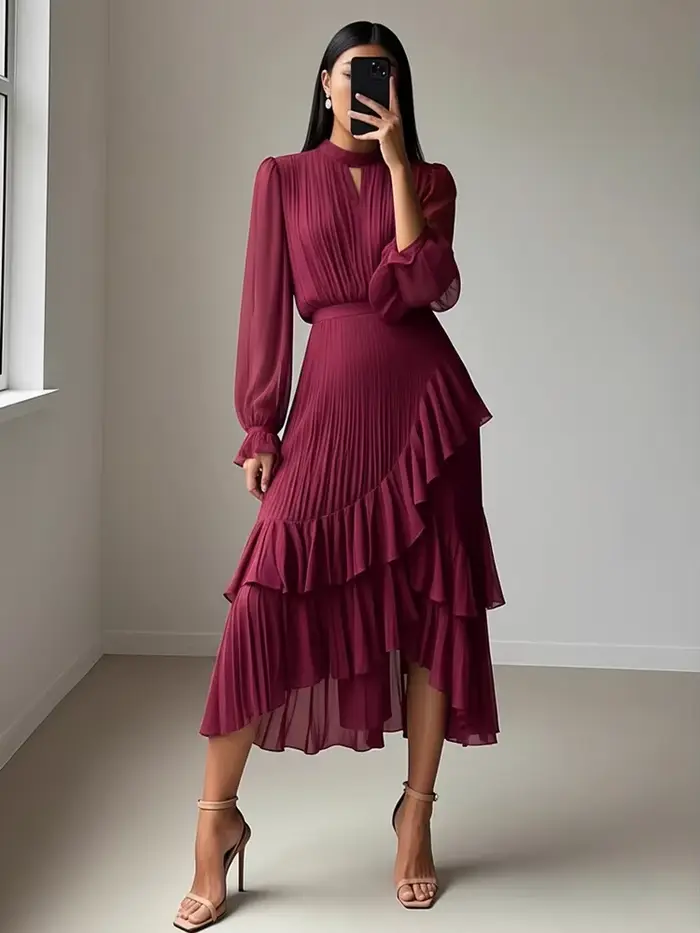 Robe de soirée mi-longue LGRQ 2026 nouvelle collection été, couleur unie, taille haute, avec ourlet 