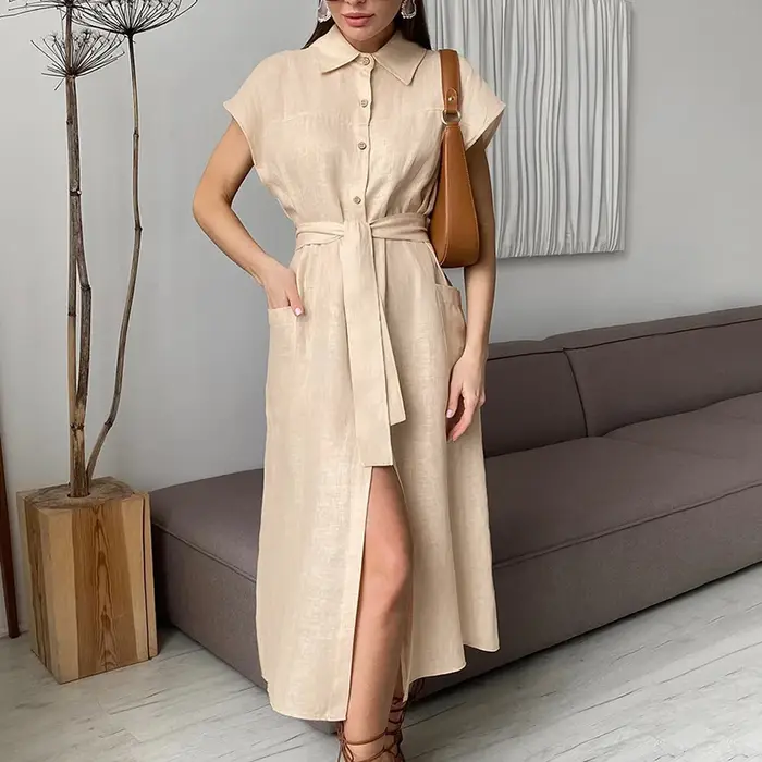 Robe longue d'été élégante pour femme en coton et lin, taille haute, à lacets, style chemise à revers, pour le bureau ou les loisirs