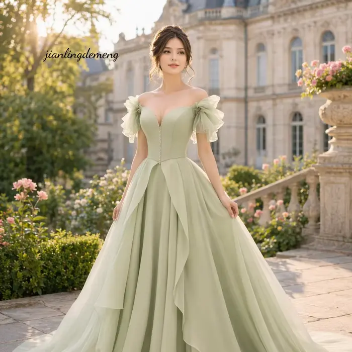 Robe de demoiselle d'honneur romantique en tulle vert sauge, épaules dénudées, coupe trapèze, pour s