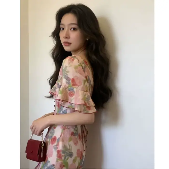 Robe longue à imprimé floral élégante et décontractée pour femmes, coupe cintrée, jupe évasée, col en V, manches courtes, saison printemps été