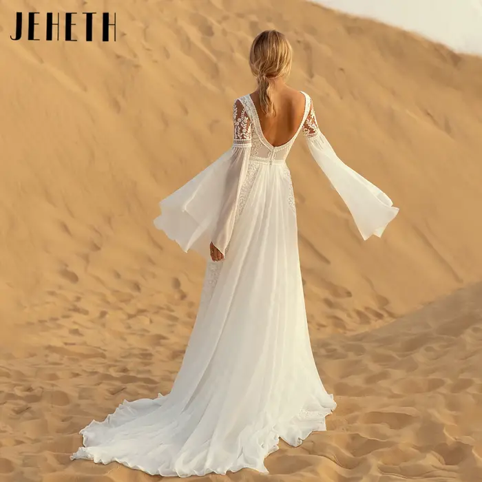 JEHETH Chiffon Scoop Princesse Robes de mariée complètes Flare manches A-Line Modeste Pinceau Train Robe