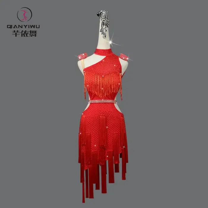Robes de soirée rouges pour femmes, costume de danse latine élégant, compétition 2026, jupe à franges pour filles, vêtements de danse mi-longs, costume de samba pour bal fille robes soirée costume ju