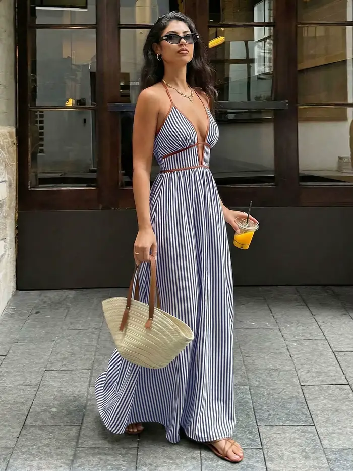 Robes d'été pour femmes 2026 Nouvelle robe dos nu à licou sans manches col en V profond taille haute sexy pour les vacances à la plage à rayures