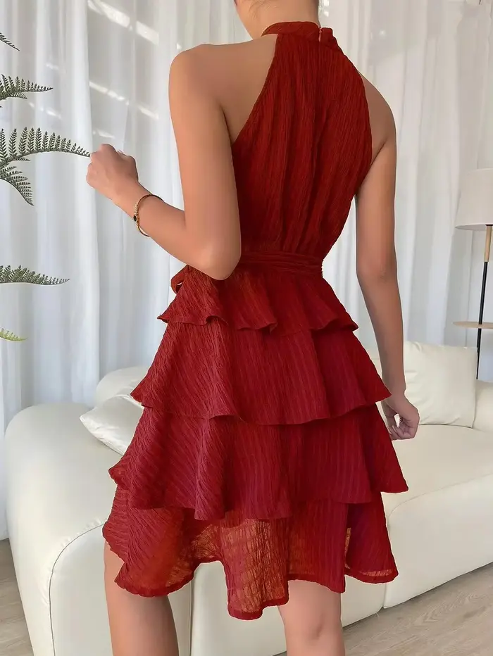 Femmes rouge Mini robe robes 2025 été mode Sexy Style licou sans manches à volants bord attaché femme