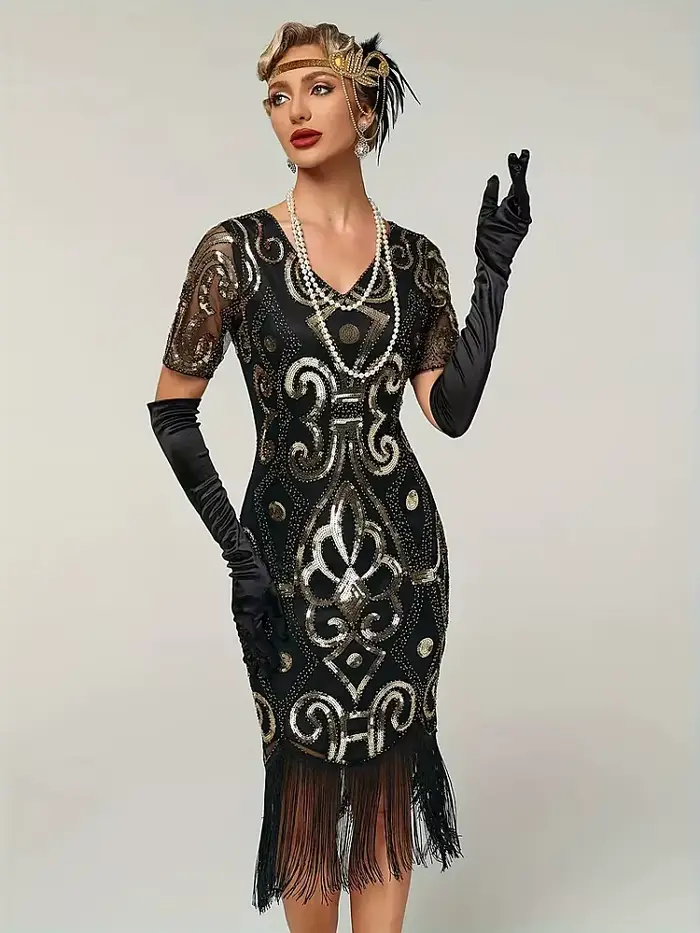 Robe mi-longue pour femme, style Art Déco rétro des années 1920, Gatsby, à sequins, franges, col en 