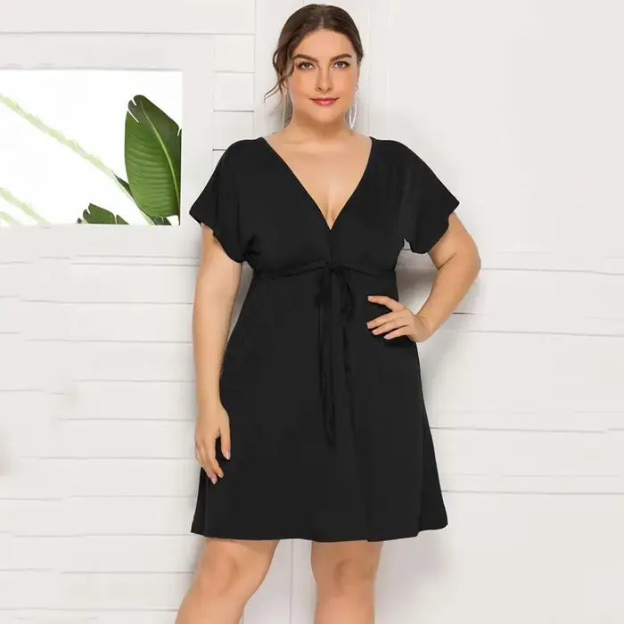 Mini robe femme, grande taille, col en V, manches courtes, tenue d'été Sexy, taille élastique, robes