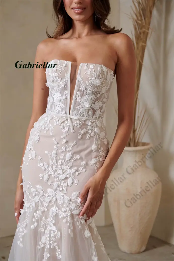 Gabriellar élégant sirène robes De mariée sans bretelles dentelle Appliques Tulle plissé balayage Train Brautkleid