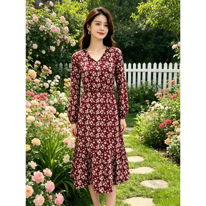 Robe florale bordeaux col en V taille haute avec ourlets à volants pour femmes printemps automne soirée décontractée élégante