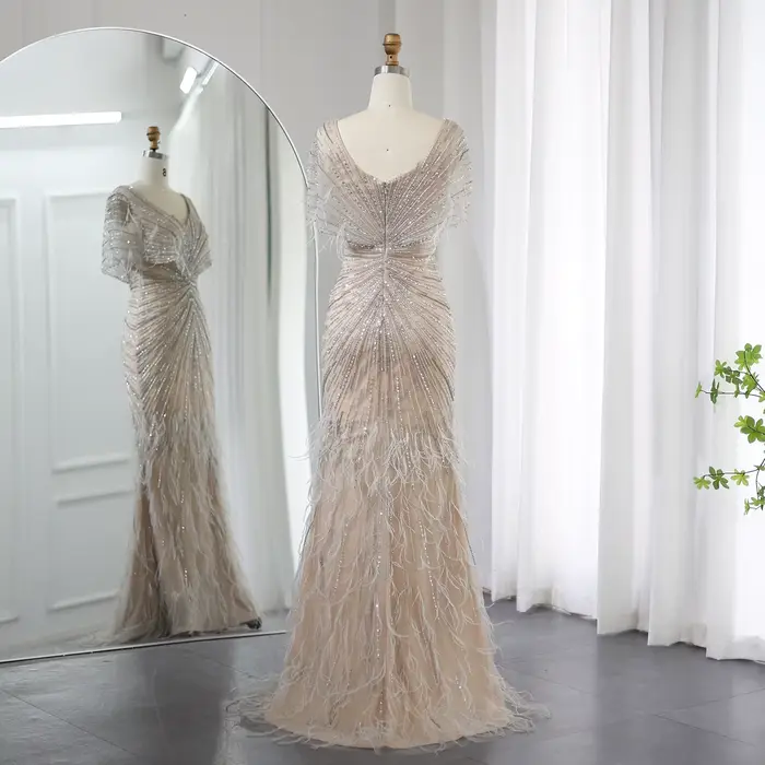 Sharon Said-Robe de Soirée Sirène Luxueuse en Plumes de Dubaï pour Femme, Tenue Personnalisée avec Manches Cape, pour ixde Mariage, SS210