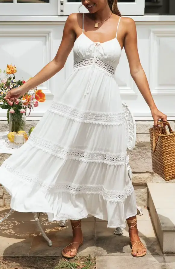 Robe longue en Crochet à fleurs pour femmes, Sexy, col en v, sans manches, taille haute, style Boho,