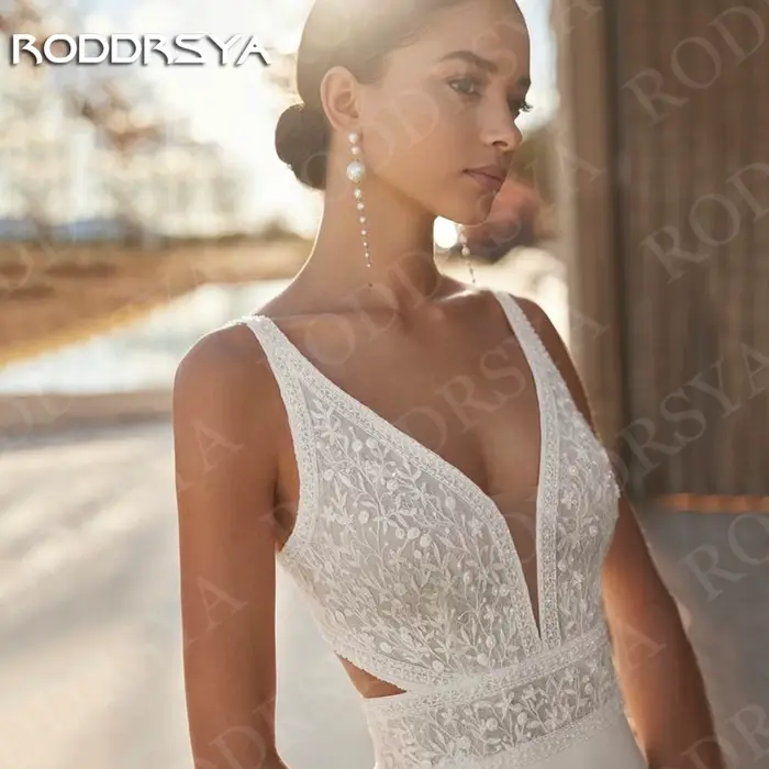 Robe de mariée sirène personnalisée en polyester satinée avec châle dentelle pour femmes, col en V, dos ouvert, train de balayage, style bohème, occassions spéciales