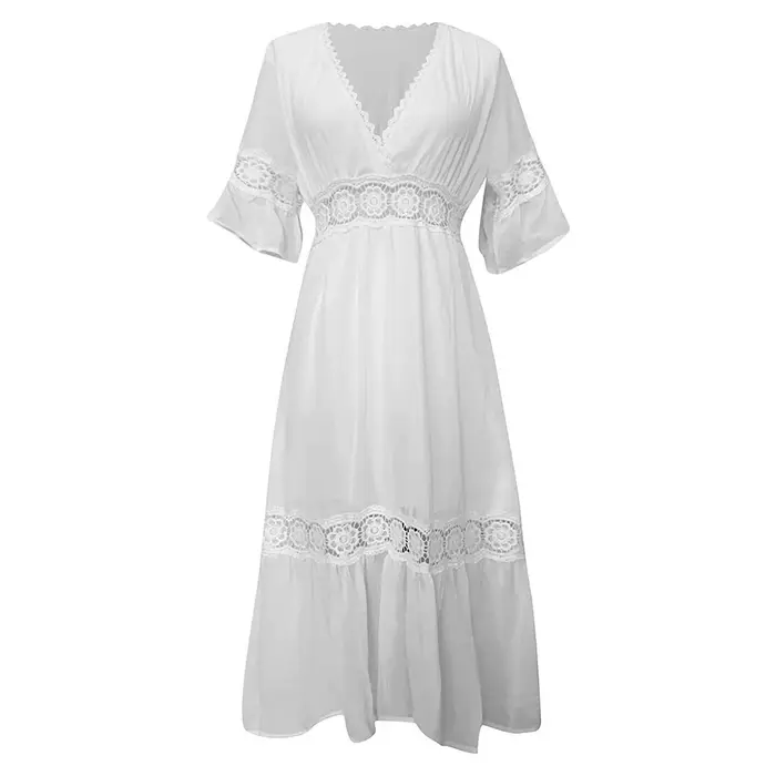 Robe en polyester décontractée avec décolleté en V et dentelle pour femmes, idéale pour les mariages, les soirées et les vacances