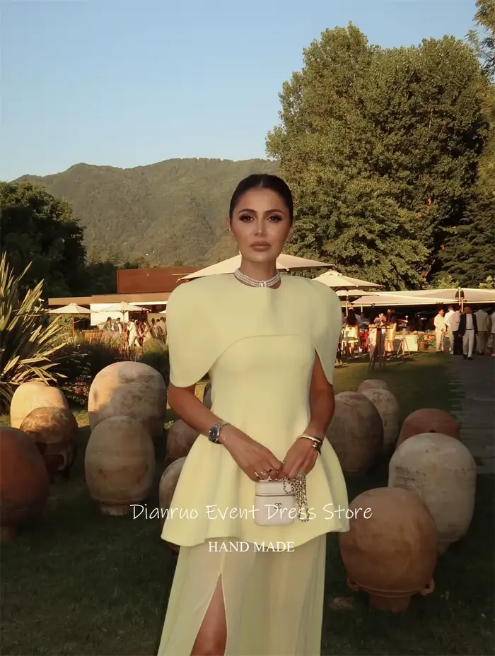 Dianruo jaune pâle une ligne robes De Soirée fente latérale col rond Robe