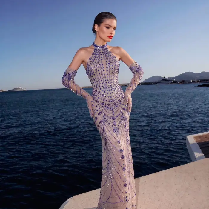 Robe de soirée Sharon Said Halter perlée sans manches avec soutien-gorge intégré pour femmes occasions prestigieuses