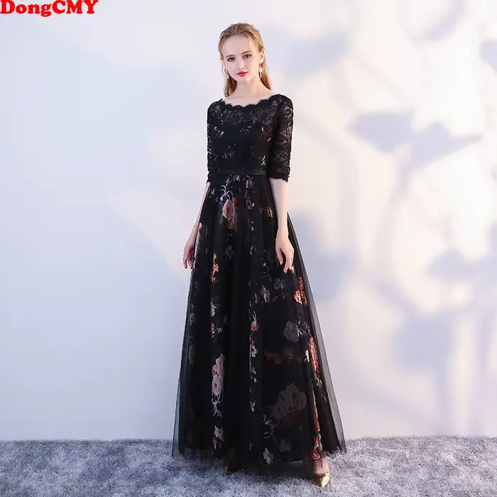Dongcmy longues robes de soirée formelles couleur noire fleur femmes fête élégante grande taille par