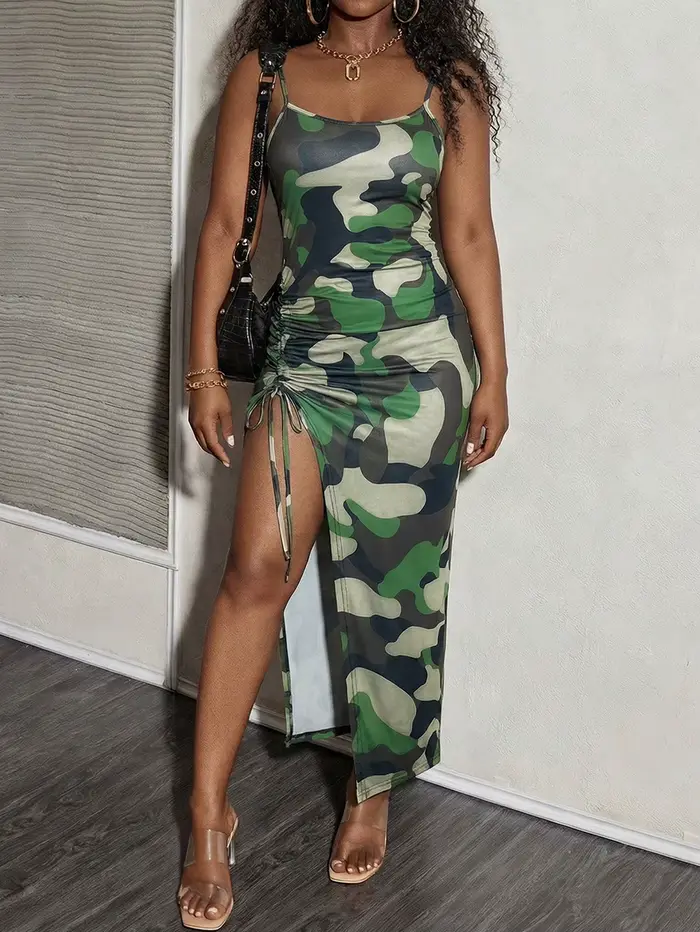Robe longue d'été moulante pour femme à imprimé camouflage
