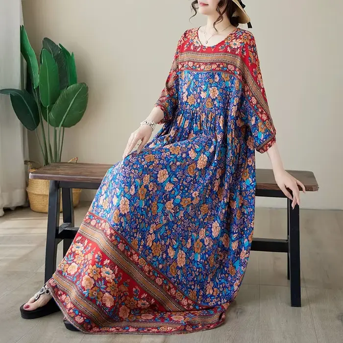 Robe d'été grande taille en soie style bohème col rond manches courtes imprimé floral ample pour femmes sorties décontractées et occasions spéciales