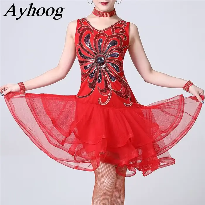 Robe de danse latine à paillettes pour filles, olympiques de performance de salsa adulte, vêtements 