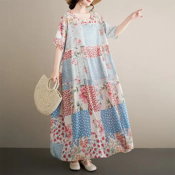 Robe longue bohème en coton et lin pour femmes grandes tailles