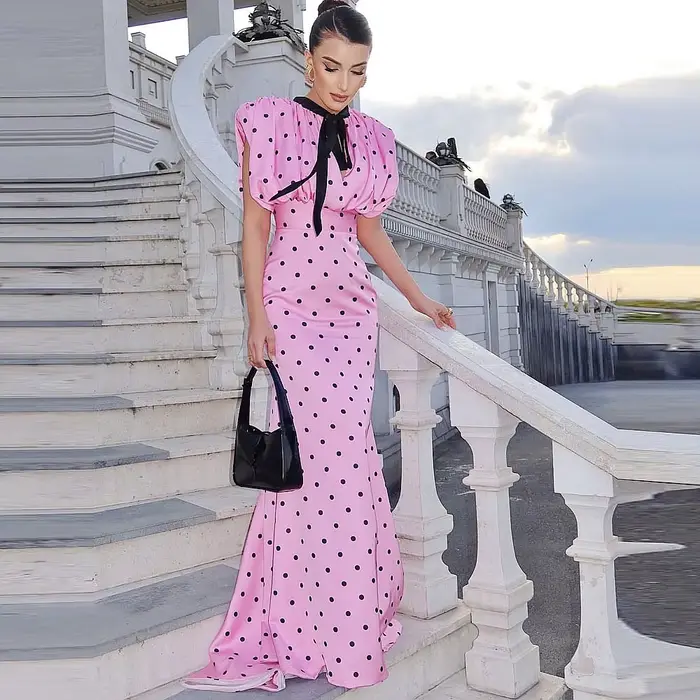Robes de bal sirène roses avec pois noirs, décolleté unique, robe longue de soirée de mariage, robes