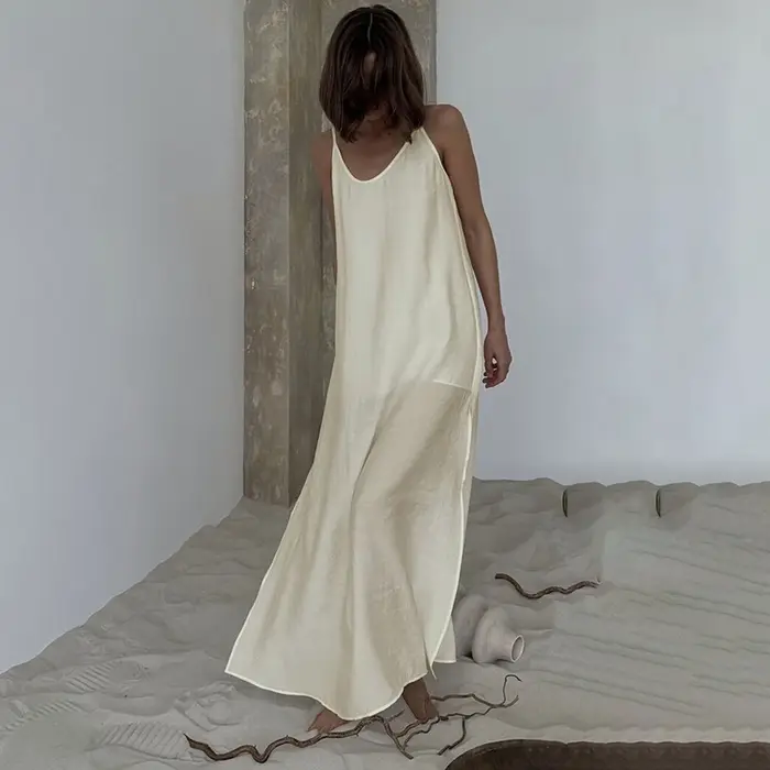 Linad été décontracté blanc robe longue Sexy ample dos nu robes fendues femme rue Chic col en V
