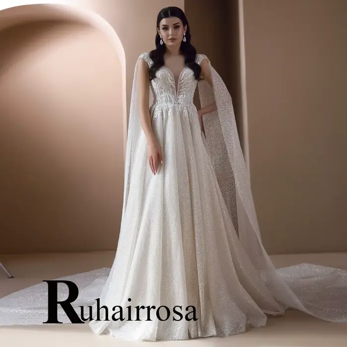Ruhair – robe De mariée moderne, avec boutons, ligne a, manches cape, col rond, paillettes, personna
