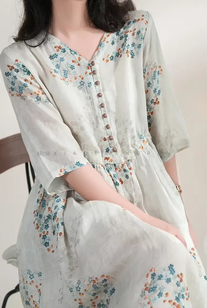 Robe d'été longue imprimée THHONE élégante avec col en V pour femmes occasions spéciales vintage style plage coréen